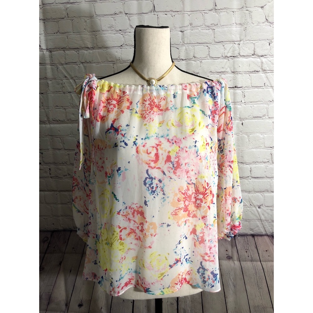 CAbi Off The Shoulder Colorful Floral Print Blouse